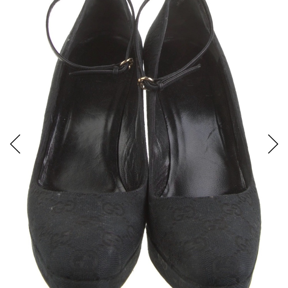 Gucci Black Monogram Ankle-Strap - Platform Wedges Size 9.5